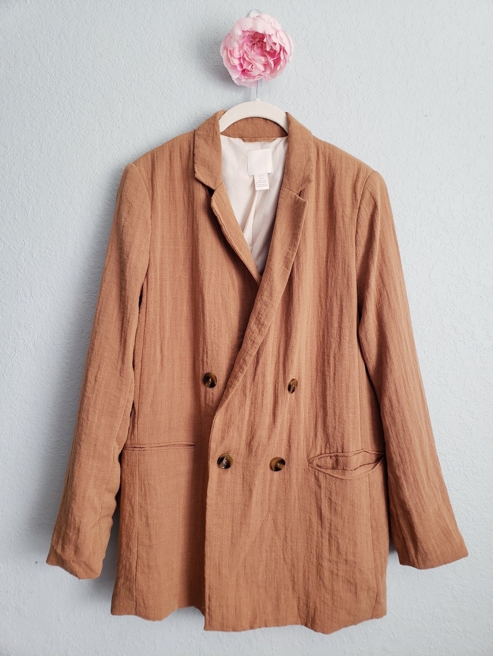 H&M Cognac Brown Linen Textured Double Brested Blazer